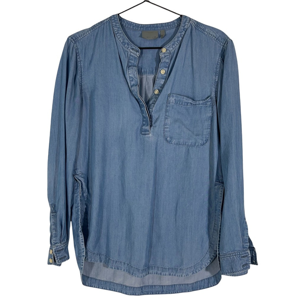 Athleta Womens Denim Popover Shirt Blue Pocket Buttons Hi Lo Hem Side Slit XS